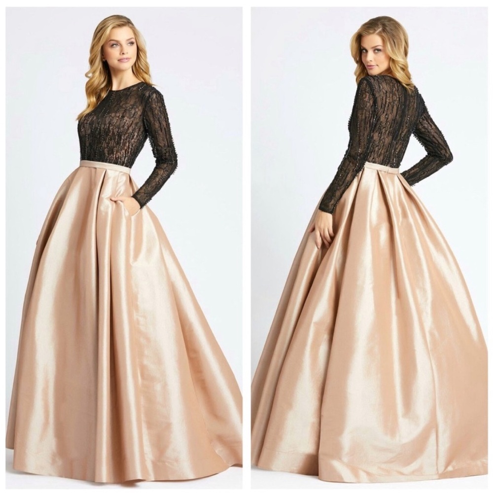 NWOT Mac Duggal Long Sleeve Beaded Evening Gown Illusion Neckline